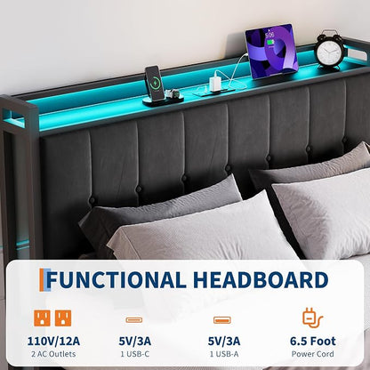 Garvee Queen Size Lift Up Storage Bed with LED Lights, Upholstered Velvet Bed Frame with Storage Headboard & Charging Station, Metal Platform Bed, No Box Spring Needed, Solid Wooden Slats, Black