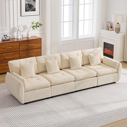 112" Oversized Modular Cloud Sofa, Deep Seat Tufted Chenille 4-Seater Sectional Couch with Curved Arms, Comfy Sofas for Living Room, Beige