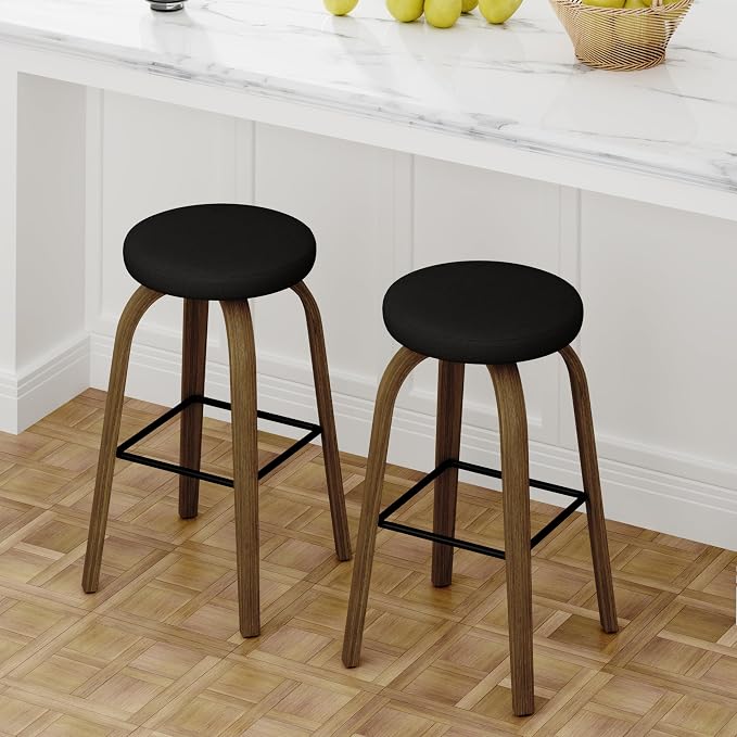 Bar Stools Set of 2, Counter Height Backless Bar Stools, 30" Swivel Barstools Kitchen Chair with Upholstered Fabric Seat, Black
