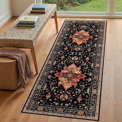 RELEANY Area Rugs Runner 3'x7' Washable Non-Slip, Floral Vintage Distress Medallion Carpet for Kitchen Hallway Bedroom Beside Laundry Room Bathroom, Black Colorful Floral Dark Tan