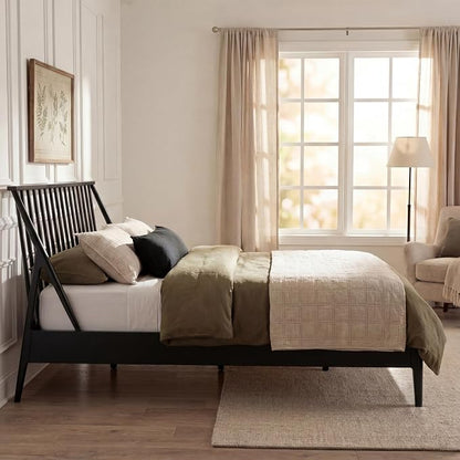 Merax Queen Size Solid Bamboo Wood Spindle Platform Queen Bed with 46.5" Tall Headboard, Bohemian Bed Frame with Wooden Slats and Metal Support, Mid-Century Modern Style, No Box Spring Needed, Black
