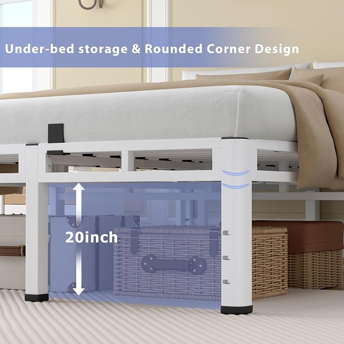 NKZ 24 Inch Queen Size Bed Frame, Metal Bed Frame & Box Spring 2 in 1 Platform with Round Corner Legs, 4000Lbs Heavy Duty Metal Frame, Mattress Slide Stopper, Headboard Hole, Noise-Free, Easy Assembly