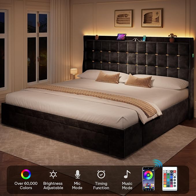YITAHOME King Size Bed Frame with 3 Storage Drawers and RGB LED Lights, Velvet Upholstered Bed with Charging Station and Storage Headboard, No Box Spring Needed, Easy Assembly, Noise-Free, Black