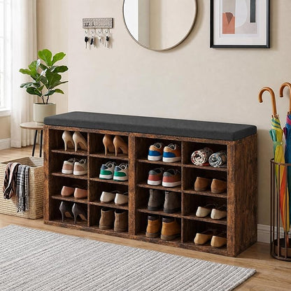 Shoe Rack Bench, Shoe Storage Bench with Cushion, Shoe Organizer 16 Cubbies for Entryway Hallway Bedroom Living Room, Holds Up to 400lbs