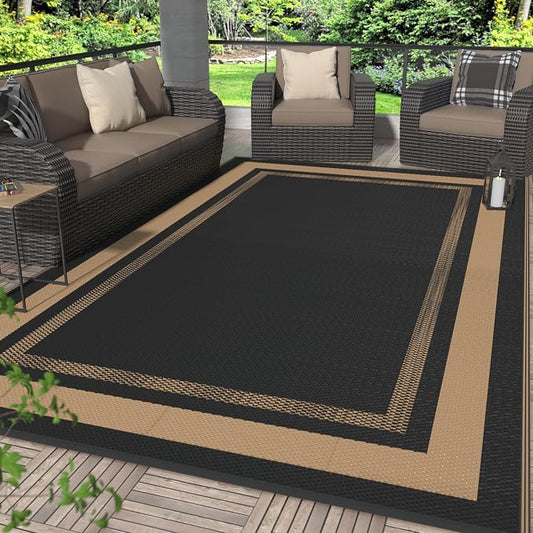 GENIMO 6' x 9' Outdoor Rug Waterproof for Patio Decor, Reversible Plastic Straw Area Rugs Mat for Camper, Outside Carpet for Rv, Deck, Porch, Picnic, Balcony, Mix-Black & Brown