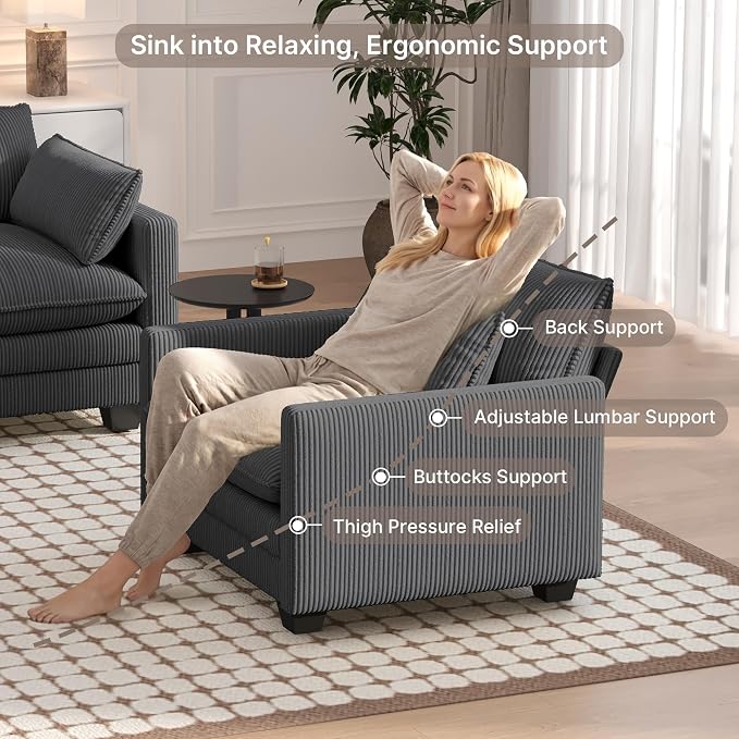 Gizoon Cloud Accent Chair with Washable Cover, Corduroy Single Sofa Chair with Comfy Deep Seat, Modern Armchair with Pillow for Living Room Bedroom, Gray
