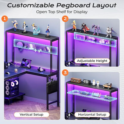 PRAISUN L Shaped Gaming Desk with LED Lights & Power Outlets, Reversible Computer Desk with Storage Shelves & Bag, Small Corner Home Office Desk with Pegboard for Work from Home, Black