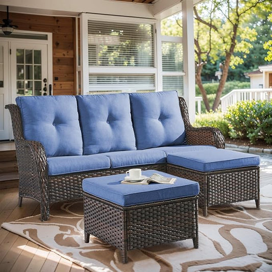 Outdoor Patio Furniture - 3 Seater Outdoor Rattan Wicker Sofa Patio Couch with Ottoman for Porch Deck Garden Backyard - Brown/Blue