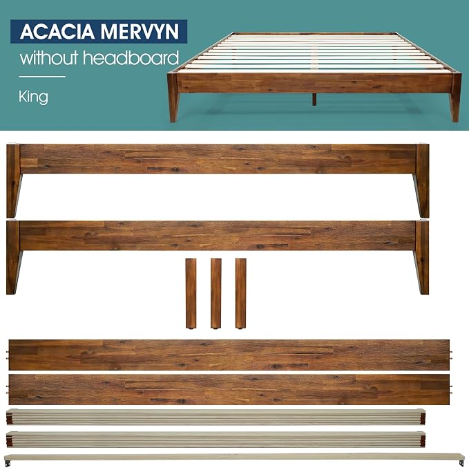 Acacia Mervyn Sturdy King Size Bed Frame Solid Wood Platform Bed, King Bed Frame 800 lbs Capacity, Mid Century Signature Wood Bed Compatible with All Mattresses, Non-Slip and Noise-Free, Caramel