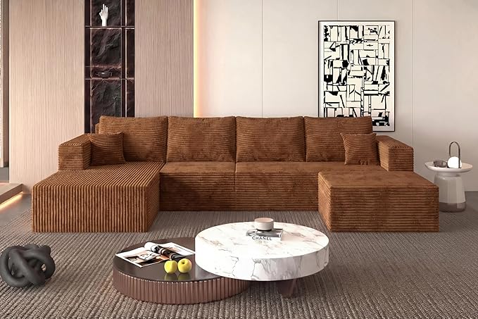 138" Modern Modular Sectional Sofa, U-Shaped Cloud Couch, Soft Corduroy Boneless Couch with 3060 High Rebound Memory Foam, Sectional Couches for Living Room-Brown(Left Facing Chaise)