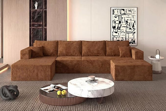 138" Modern Modular Sectional Sofa, U-Shaped Cloud Couch, Soft Corduroy Boneless Couch with 3060 High Rebound Memory Foam, Sectional Couches for Living Room-Brown(Left Facing Chaise)