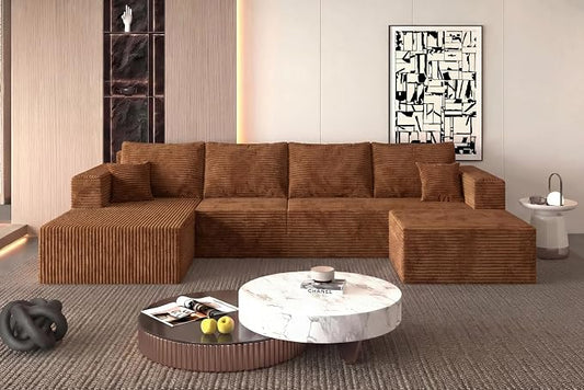 118" Modular Sectional Sofa with Chaise and Ottoman, Oversized U-Shaped Corduroy Cloud Couch, Deep Seat Boneless Couch for Living Room, No-Assembly,Brown(Left Facing Chaise)