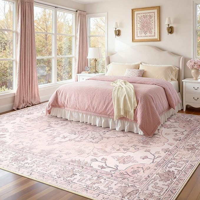 RELEANY Area Rugs 7'x10' Washable Non-Slip, Floral Vintage Distress Medallion Carpet for Living Room Bedroom Dining Room, Pink Greypink Cute