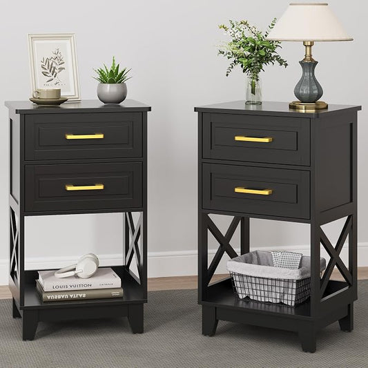 May in Color Nightstand Set of 2, 30" Tall Side Table with 2 Drawers and Open Shelf, Bedside Table with Solid Feet, Modern End Table for Bedroom, Home Office, Black