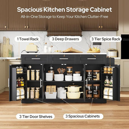 Concho 71'' Kitchen Island with Seating and Stainless Steel Countertop, Rolling Kitchen Carts on Wheels with Folding Drop Leaf, Bar Stool, Power Outlet, Spice/Towel Rack, Black