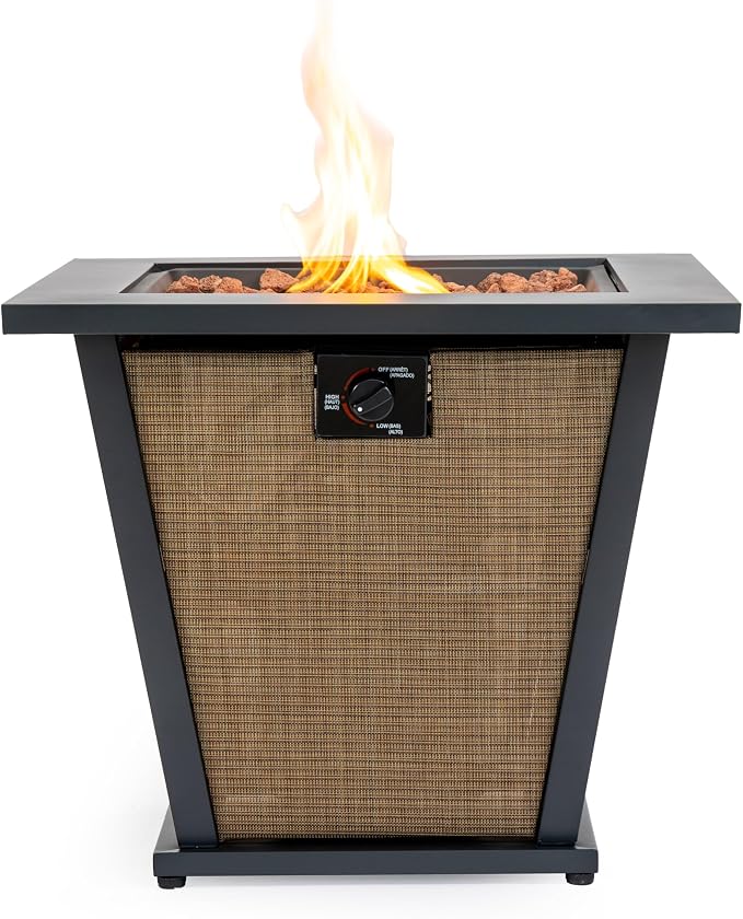 28" Propane Gas Fire Pit Table, 50000 BTU Square Outdoor Fire Pit with Steel Tabletop & Textilene Base, Patio Fire Table with Lid, Lava Rocks & Rain Cover for Backyard Deck Garden, Brown