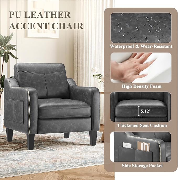 MALOL PU Leather Accent Chair, Mid-Century Modern Living Room Armchair Sofa with Removable Cushions, Solid Wood Frame & Stitched Armrest Design, Bedroom Chair with Plastic Legs, Black