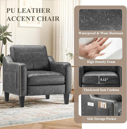 MALOL PU Leather Accent Chair, Mid-Century Modern Living Room Armchair Sofa with Removable Cushions, Solid Wood Frame & Stitched Armrest Design, Bedroom Chair with Plastic Legs, Black