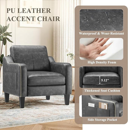 MALOL PU Leather Accent Chair Set of 2, Mid-Century Modern Living Room Armchair Sofa with Removable Cushions, Solid Wood Frame & Stitched Armrest Design, Bedroom Chair with Plastic Legs, Black