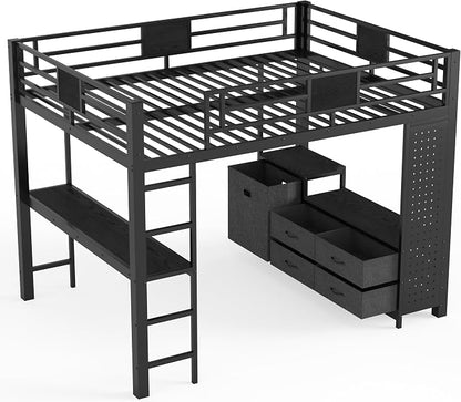 Bellemave Queen Size Loft Bed with Desk and Storage Pegboard, Queen Loft Bed Frame with Storage Drawers, Laundry Hamper and Clothes Hanging Rod, Adults Loft Beds Nosie-Free, Black