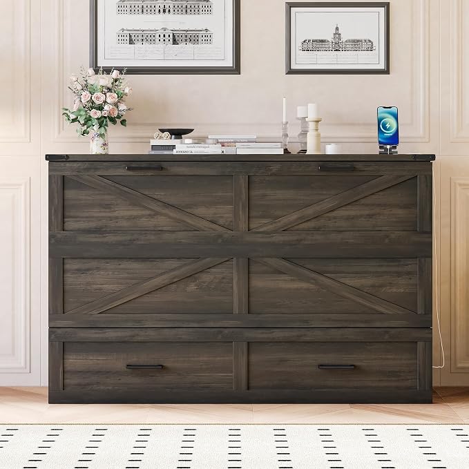 Merax Farmhouse Wood Murphy Bed Chest with Charging Station, Foldable Wall Platform Bed with Storage Drawer/Space Saving/Wood Slat Support/Full, Gray