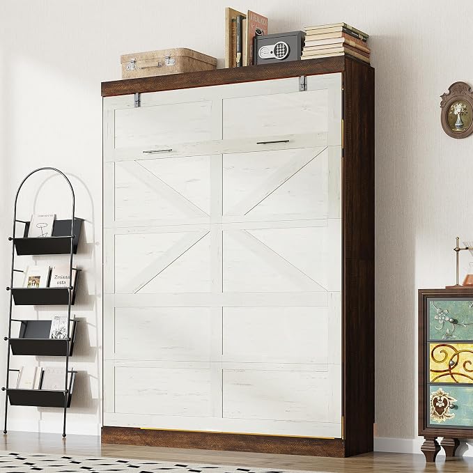 Hlivelood Full Size Murphy Bed with 2 LED Lights, Farmhouse Wood Hidden Foldable Wall Bed Frame w/Gas Struts, Storage Bed Cabinet for Bedroom, Office, Space-Saving, No Box Spring Needed, Rustic White
