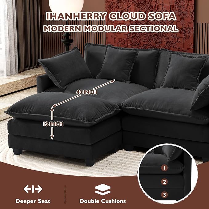 Ihanherry 77" L Shaped Modern Sofa Modular Sectional Cloud Couch with Ottoman, 3-Seat Chenille Deep Seat Sofa with Pillow for Living Room, Bedroom and Apartment, Black