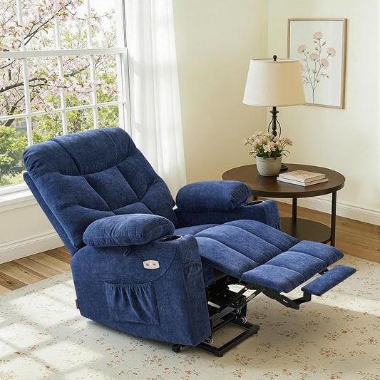 MCombo Power Lift Recliner Chair with Extended Footrest for Elderly People, Fabric 7287 (Navy Blue, Medium)