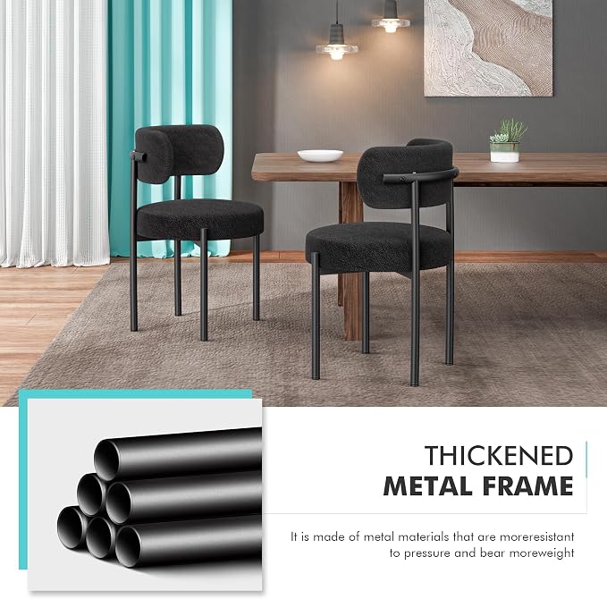 PatioPerk Boucle Dining Chairs Set of 4, Black Mid Century Morden Dining Chairs with Curved Backrest, Round Upholstered Sherpa Living Room Kitchen Dining Room Chiars with Metal Legs