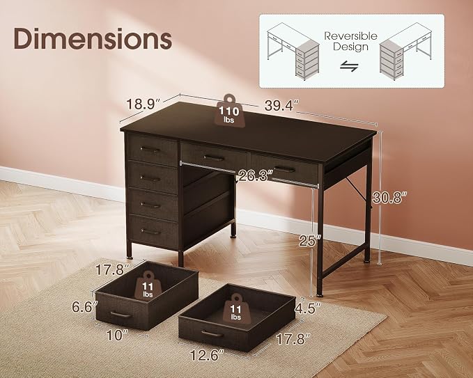 Casaottima 40 Inch Small Computer Desk with 6 Drawers, Reversible Storage Desk for Home Office, Work Study Table for Bedroom, Black