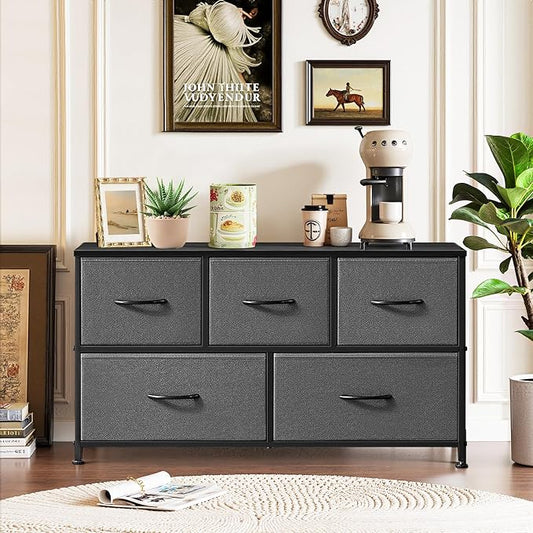 5-Drawer Dresser for Bedroom, Anti-Tip Wide Storage Organizer Fabric Chest of Drawers TV Stand for 45" TV with Wooden Top and Metal Frame for Closet, Living Room, Hallway, Entryway, Gray
