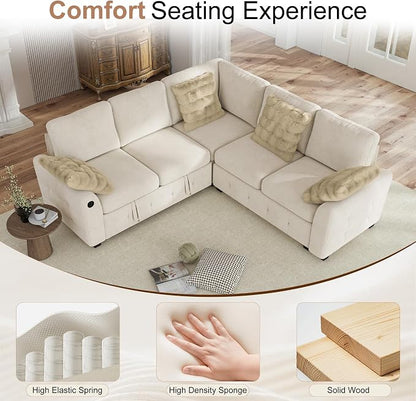Hanherry Sectional Couch with Pull Out Sofa Bed,Chenille Sleeper Sofa with 2 Seat Storage & USB Charging,Comfy L Shaped Modular Couches for Living Room,Apartment