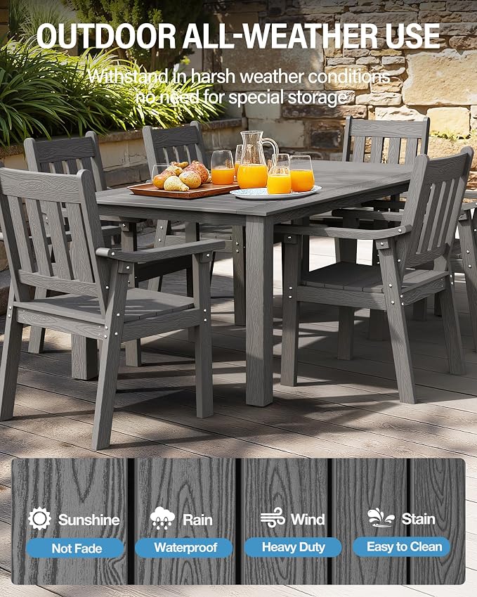 YEFU HIPS Patio Table Set: 7 Piece Patio Table and Chairs Outdoor Furniture Set with Umbrella Hole - Gray Modern Plastic Dining Sets 6 Person for Outside Deck with Metal Aluminum Frame