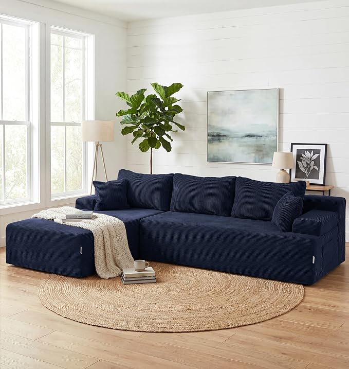 Hobestluk Modular Sectional Sofa Couches L-Shape Couch 3 Seat Modular Sofa Memory Foam Sectional Couches for Living Room, Cloud Couch with Oversized Chaise (Blue Corduroy, 108", Left Hand Facing)