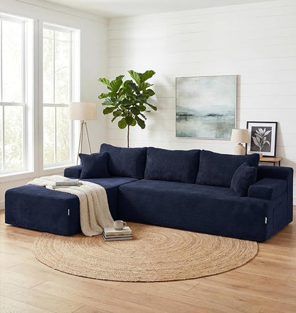 Hobestluk Modular Sectional Sofa Couches L-Shape Couch 3 Seat Modular Sofa Memory Foam Sectional Couches for Living Room, Cloud Couch with Oversized Chaise (Blue Corduroy, 108", Left Hand Facing)