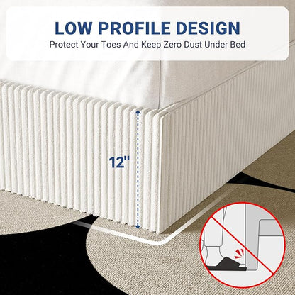 Allewie King Bed Frame, Upholstered Platform Bed, Adjustable Vertical Channel Tufted Headboard, Corduroy Fabric, Modern Low Profile, Wooden Slats, No Box Spring Needed, Easy Assembly, White
