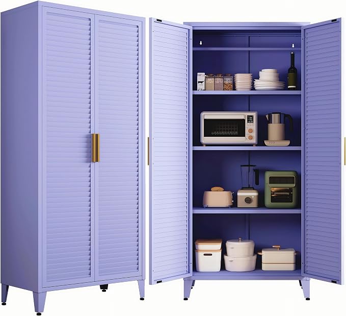 61" Tall Purple Kitchen Pantry Cabinet, Farmhouse Metal Pantry Storage Cabinets, with 2 Louvered Door and 3 Adjustable Shelves, Multipurpose Storage Organizer, for Home, Entryway, Kids Room
