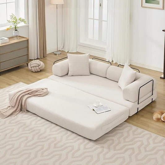 ZEIINPA Convertible Sleeper Sofa Bed with Cylindrical Pillow, Corduroy Folding Mattress Couch with Fixed-Shape Frame, Floor Sofa Lounge Couch for Living Room Bedroom Lounge Studio, Beige