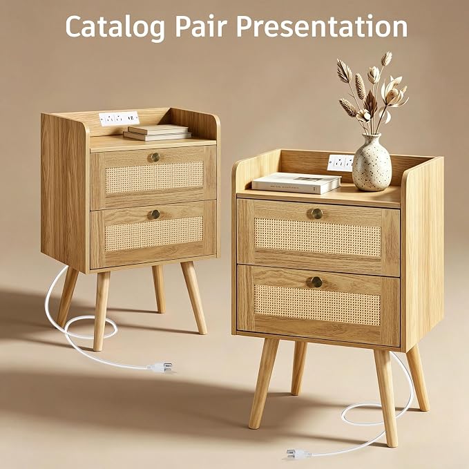 Nightstands Set of 2 with Charging Station, Modern Boho Rattan Bedside Tables with 2 Drawers,Open Storage End Tables for Bedroom, Small Spaces and Dorm, Solid Wood Legs,Natural