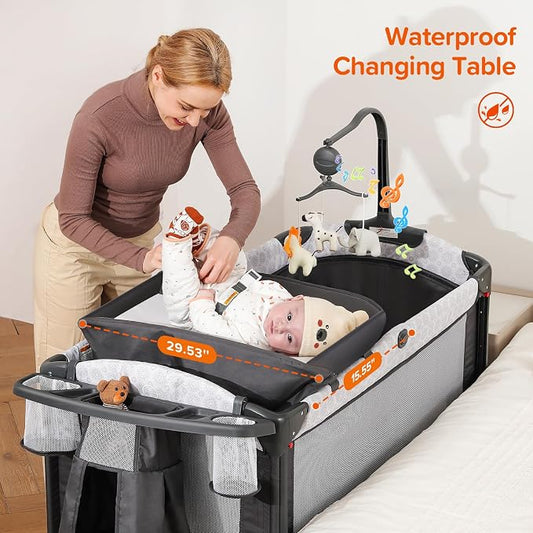 ELEMARA 4 in 1 Baby Bassinet Bedside Crib with Diaper Changer, Mattress, 1-Second Set up Bedside Bassinet with 3 Adjustable Height, Portable Crib with Storage/Toy Bar/Zip Door