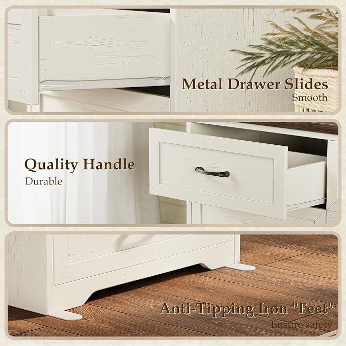 AODK Farmhouse Tall 6 Drawer Dresser for Bedroom, 5-Tier Vertical Storage Chest with Mixed Drawers, Engineered Wood Frame with Anti-Tip Safety, American Country Furniture, Walnut & Vintage White