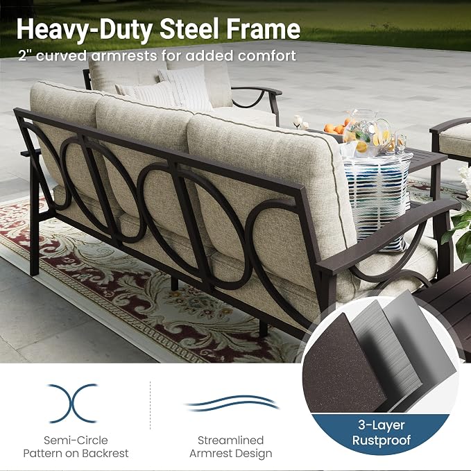 RoyalCraft Outdoor Patio Furniture Set, 7 Seats Outdoor Patio Set with 4" Thick Cushion, All-Weather Metal Patio Sofa with Coffee Table, Outdoor Sectional Furniture for Porch Backyard, Khaki&Beige