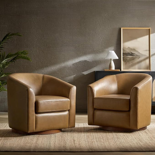 HULALA HOME Genuine Leather Swivel Barrel Chairs Set of 2, Round Swivel Accent Chairs with Solid Wood Base, Leather Barrel Accent Chair for Living Room, No Assembly Required, Camel