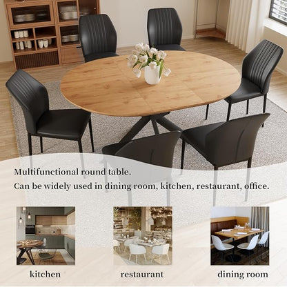 HIPIHOM Oak Extendable Round Dining Kitchen Table 43.2"-59.1" | Mid century modern style, sturdy construction, space saving, fits 4-6 people, coffee table alternative