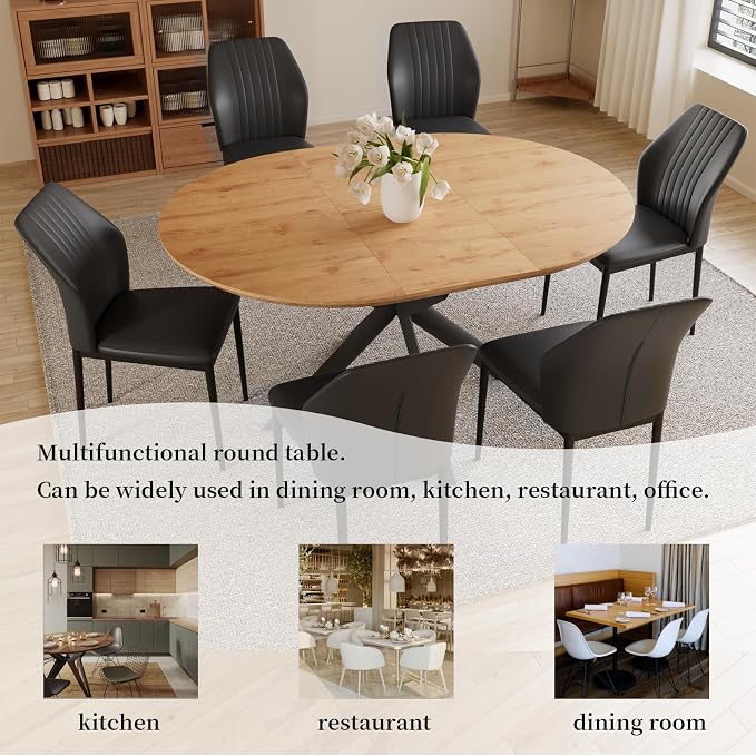 HIPIHOM 43.2"-59.1" MDF Round Extendable Dining Table Set of 6 | Includes 6 PU leather chairs, mid century modern oak finish, durable MDF tabletop, space saving, seats 4-6