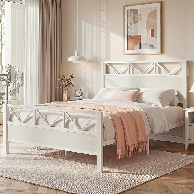 LIKIMIO Queen Bed Frame, Tall Modern Headboard 51.2 ", Platform Bed Frame with Strong Metal Support, Solid and Stable, Noise Free, No Box Spring Needed, Easy Assembly, White