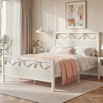 LIKIMIO Queen Bed Frame, Tall Modern Headboard 51.2 ", Platform Bed Frame with Strong Metal Support, Solid and Stable, Noise Free, No Box Spring Needed, Easy Assembly, White