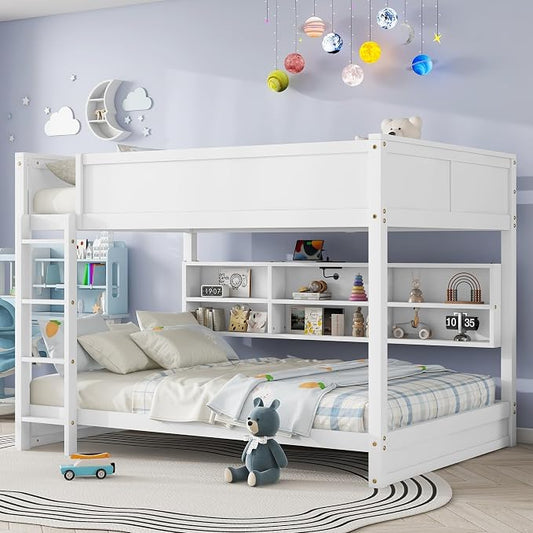 RUNNA Queen Over Queen Bunk Bed with Storage,Charging Station,White | Queen over queen bunk bed with storage cabinets,USB,solid wood frame,guardrails,no box spring needed,space saving, white