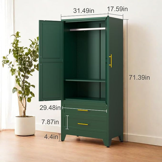 PAOFIN Green 71" Metal Armoire Wardrobe Closet, Bedroom Clothing Storage Cabinet with 2 Drawers and Hanging Rod, Freestanding Armoire Cabinet with Adjustable Shelves