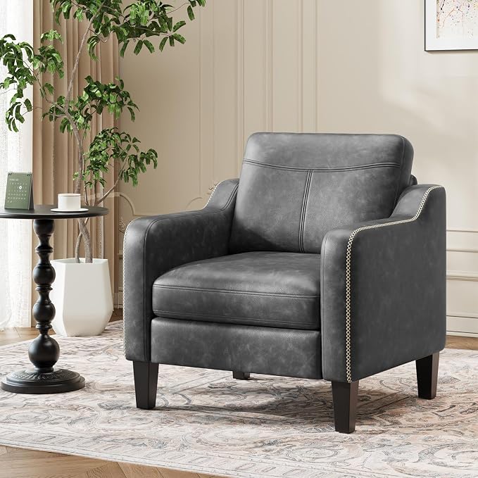 MALOL PU Leather Accent Chair Set of 2, Mid-Century Modern Living Room Armchair Sofa with Removable Cushions, Solid Wood Frame & Stitched Armrest Design, Bedroom Chair with Plastic Legs, Black